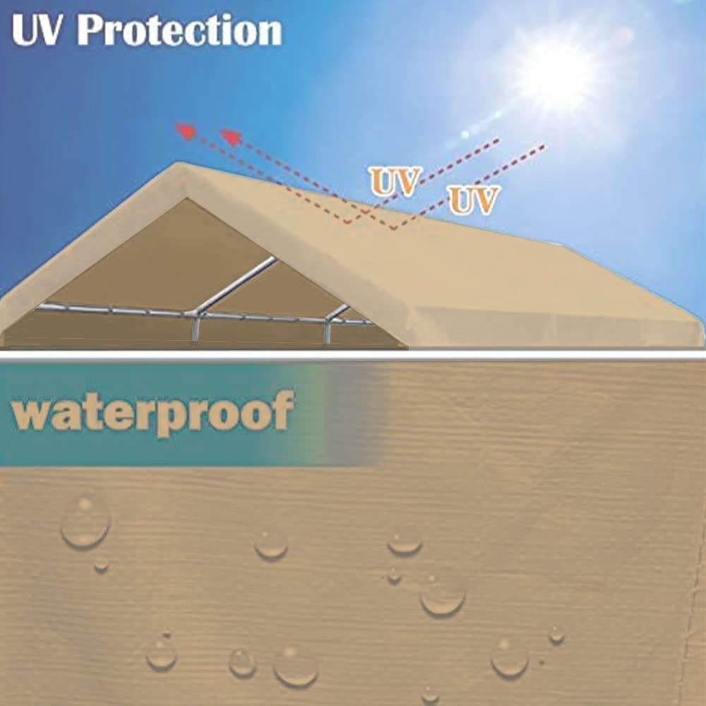 Rutile 12'x20' Carport Canopy ONLY Tent Garage Replacement Top Tarp Car Shelter Cover w/Ball Bungees Beige (Only Top Cover, Frame is not Included) WoodArtSupply