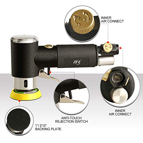 ZFE 1/2/3 Inch Random Orbital Air Sander, Mini Pneumatic Sander for Auto Body Work, High Speed Air Powered Polisher with 15 Polishing Buffing Pads,18 ZFE