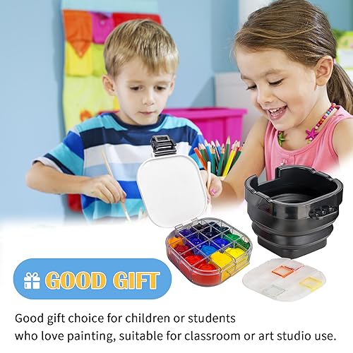 Falling in Art 16 Wells Paint Palette, Airtight Palette Storage Box with Lid and Folding Paint Brush Basin for Watercolor, Gouache and Acrylic Falling in Art