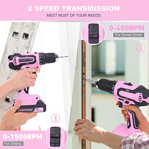 FASTPRO 232-Piece 20V Pink Cordless Lithium-ion Drill Driver and Home Tool Set, Lady's Repairing Kit with 12-Inch Wide Mouth Open Storage Bag FASTPRO