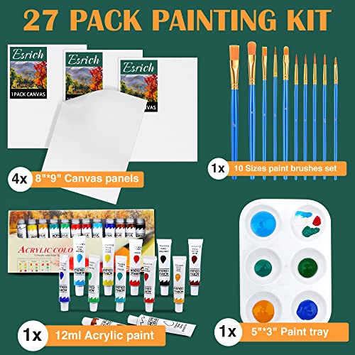 Acrylic Painting Set with 1 Packs / 10 PCS Nylon Hair Brushes 12 Color Tubes (12ml, 0.4 oz) 1 PCS Paint Plate and 4 PCS Canvas for Acrylic Painting ESRICH
