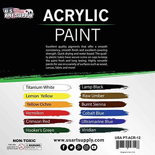 U.S. Art Supply Professional 12 Color Set of Acrylic Paint in 12ml Tubes - Rich Pigment Vivid Colors for Artists, Students, Beginners, Kids, Adults - U.S. Art Supply