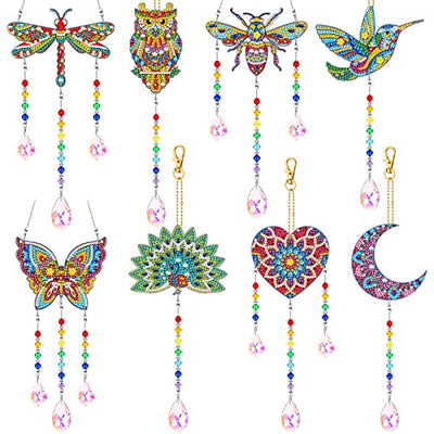 Lenwen 8 Pcs Diamond Painting Suncatcher Wind Chime Double Sided Crystal Gem Painting Hanging Ornament 5D Crystal Butterfly Heart Hummingbird Diamond