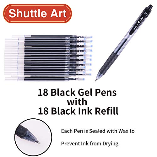 Shuttle Art Black Gel Pens, 36 Pack(18 Gel Pens with 18 Refills) Retractable Medium Point Rollerball Gel Ink Pens Smooth Writing with Comfortable Shuttle Art