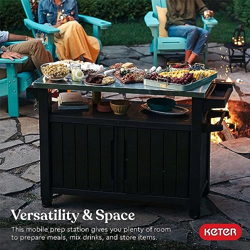 Keter Unity XL Outdoor Kitchen Island Rolling Cart Bar Table & Storage Cabinet, Grill Station with Utensil Hooks for Grilling Accessories, Brown Keter