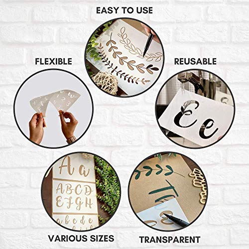 Boutique Calligraphy Stencil Template Kit - 45 Reusable Pieces Includes Lettering Upper and Lowercase both Large Small, Numbers, Punctuation, Laurels Citrusy Boutique