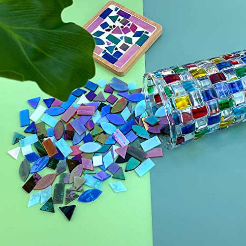 LITMIND Iridescent Glass Mosaic Tiles for Crafts, 240 Pieces 5 Shapes Mixed Stained Glass Sheets, Mosaic Kits for Adults (Iridescent Mix) LITMIND