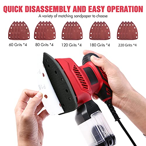 Detail Sander, 130W Compact Electric Sander, 14000 RPM, with 20PCS Sandpaper Mouse Sander, Hand Sanders with Multi-Function efficient Dust Box Vistreck
