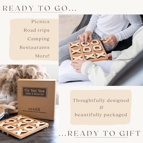 Tic Tac Toe Game & Decor Set, Kids Board Games, Versatile Boho/Natural Style Tic Tac Toe Board for Classic Two Person Games, 8.63 Inches Tic Tac Toe Woobli