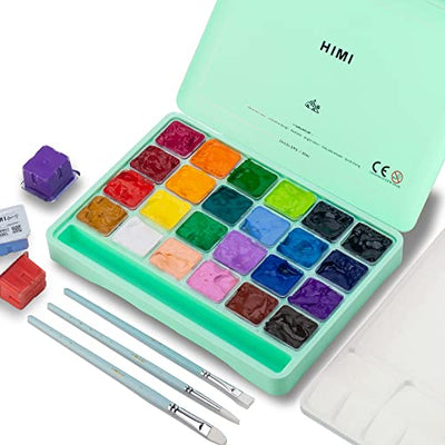 HIMI Gouache Paint Set, 24 Colors x 30ml/1oz with 3 Brushes & a Palette, Unique Jelly Cup Design, Non-Toxic, Guache for Canvas Watercolor Paper -