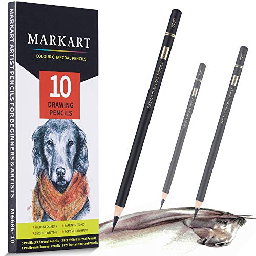 MARKART Professional Colored Charcoal Pencils Drawing Set, 10 Pieces Black White Charcoal Pencils for Sketching, Shading, Blending, Pastel Chalk MARKART
