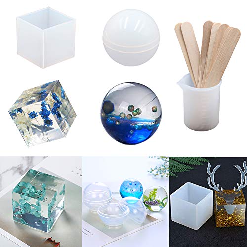EuTengHao 18Pcs DIY Silicone Resin Casting Molds Tools Set Includes 6 Resin Casting Molds Large Clear Silicone Molds 2 Measurement Cup 10 Wood Sticks EuTengHao