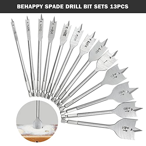 BeHappy 13 Piece Spade Drill Bit Set, Wood Drill Bit Set, Paddle Flat Bit Sets for Woodworking, Carbon Steel Paddle Flat Bit with Quick Change Shank, BeHappy