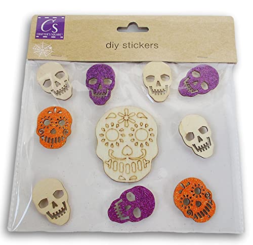 Crafters Square Halloween Sugar SKulls Wood Cutout SticKers - DIY Craft Wooden Shapes with Adhesive Peel and SticK - 10 Count Crafters Square