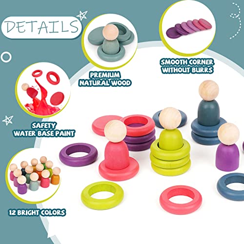Montessori Toys Wooden Color Sorting Stacking Rings Toy Rainbow Wooden Peg Dolls Counting Toys Circular Building Blocks Stacking Game Preschool Agirlgle