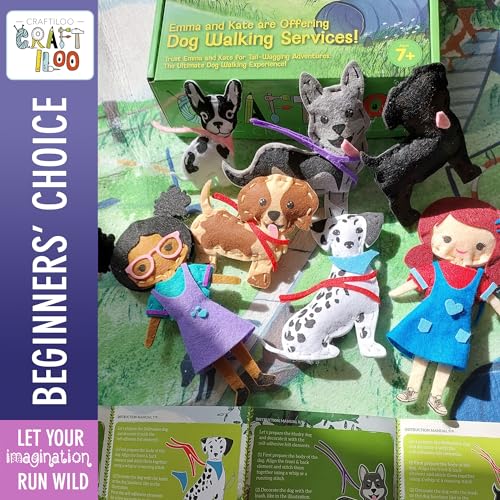 CRAFTILOO 8 Pre-Cut Dogs Stuffed Animal Fun Kids Sewing Kit for Kids Ages 8-12 Children Beginners Sewing kit Kid Puppy Crafts Felt Pillow Plush Craft CRAFTILOO