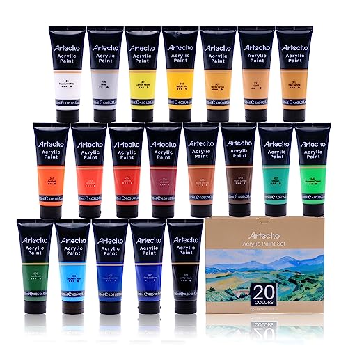 Artecho Professional Acrylic Paint Set, 20 Primary Colors (120ml / 4.05oz) Tubes, Art Craft Paints for Canvas, Rock, Stone, Wood, Fabric, Art Artecho