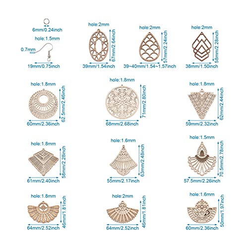 48pcs Unfinished Wooden Filigree Earring Making Kits 12 Styles Undyed Natural Wood Antique Hollow Dangle Charm Beads for DIY Earrings Pendants Making PandaHall