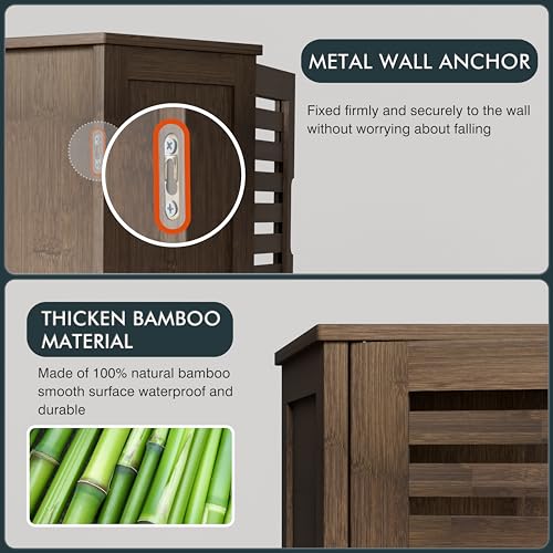 HITNET Walnut Wall-Mounted Medicine Cabinet with Bamboo Shelves - Stylish Bathroom Storage Organizer HITNET