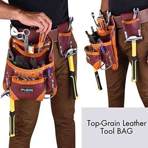 FUERI Professional 10 Pocket Leather Carpenter Tool Belt Pouch Framers Bag | Heavy Duty Premium Grain Leather Riveted Reinforcement Electrician Bag | FUERI