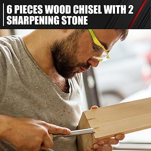 C&T 8 Pieces Premium Wood Chisel Set with Wooden Case,6 Pieces Wood Chisel with 2 Sharpening Stone,Woodworking Carving Chisel Kit,Chrome Vanadium C&T