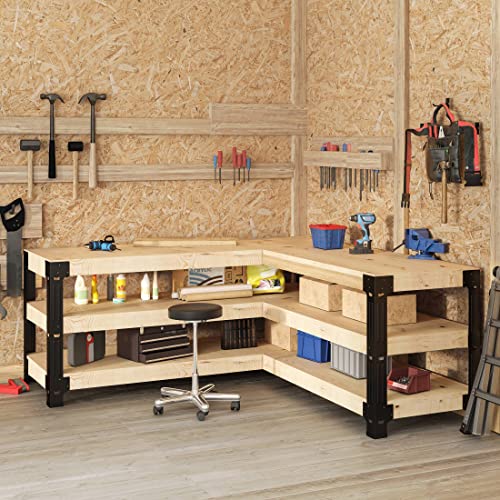 FLEXIMOUNTS Universal Steel Workbench Kit 5 Legs L Shaped Heavy Duty Work Bench for Garage Storage Shelving Workbenches Frame Black Customizable Work FLEXIMOUNTS
