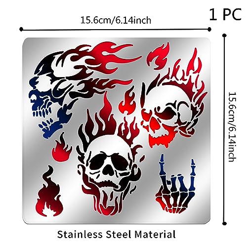ORIGACH 6x6 inch Metal Skull Stencil Fire Skull Pyrography Stencils Template for Halloween Wood Carving, Drawings and Woodburning, Engraving and ORIGACH