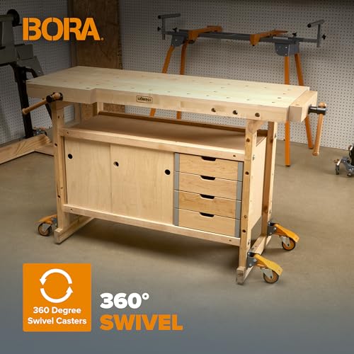 BORA Heavy Duty Workbench 4-Caster Set for Workshop Mobility, Swivel, Locking 155 pound Non-marking Rubber 3-inch Wheels, Total Weight Capacity of Bora