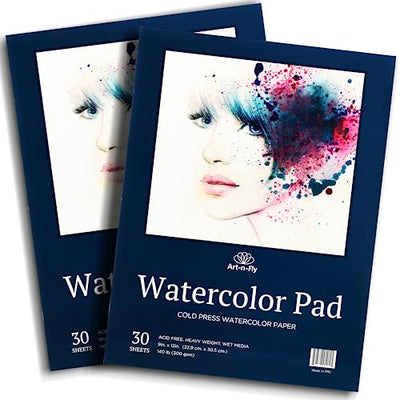 Art-N-Fly Watercolor Paper Pad 9x12" 2 Pack - Cold Press Water Color Sketchbook Pad 30 Sheets 140 lb for Art Painting, Drawing, Wet & Mixed Media -