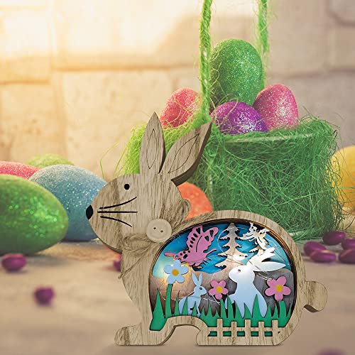 iDOTODO Easter Bunny Decorations, 3D Wooden Table Decorations with Lights, Eco-Friendly Decor