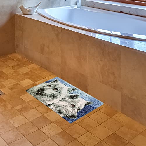 Ciieeo Carpet Making Kit Christmas Printed Canvas DIY Bathmat Rug Making Kit Yarn Hand Woven Rug Blue DIY Floor Mat Unfinished White Tapestry DIY Rug Ciieeo