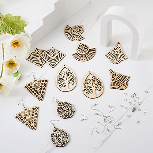 60Pcs Unfinished Wooden Burlywood Dangle Earrings Kit 10 Styles Natural Wood Big Charms with Jump Rings and Earring Hooks for Jewelry Craft Making PH PandaHall