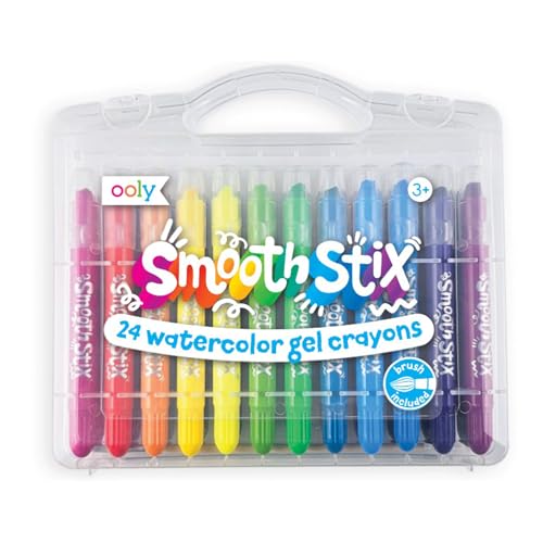 Ooly Smooth Stix Gel Crayons for Kids and Adults with Paint Brush - Set of 25 Watercolor Rainbow Crayons for Glass and Paper with Clear Plastic Ooly