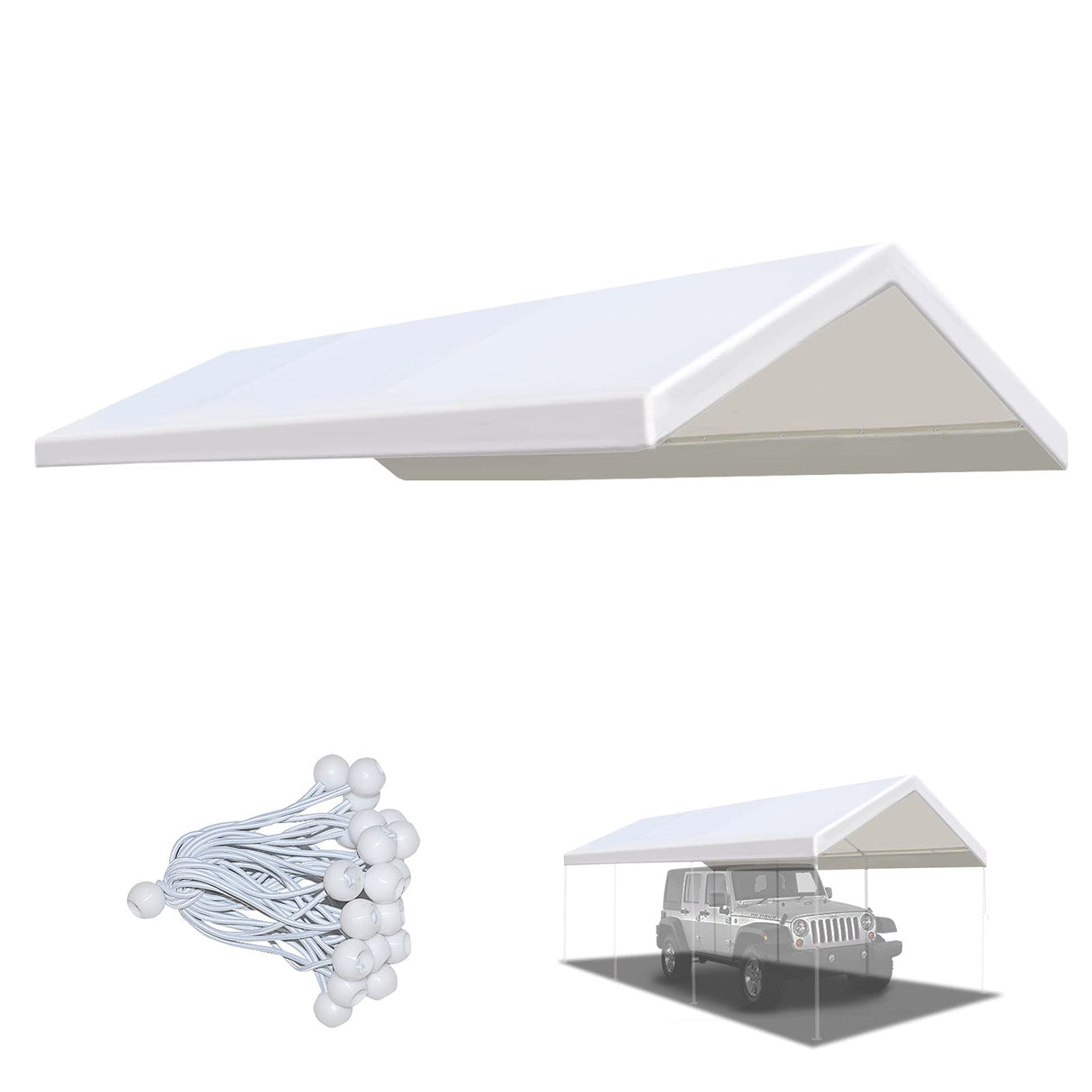 YardGrow 12 x 20 Feet Replacement Top Canopy Roof Cover for Carport Garage Shelter with Bungees, Frame Not Included (White) YardGrow