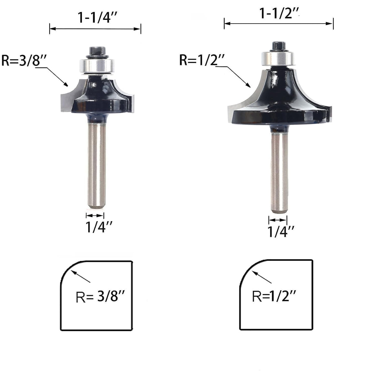 SICWOOD 6pcs Roundover Router Bit Set - Round Over Router Bits 1/4 Shank with 6 Bearings 3/8", Carbide Corner Rounding Edge-Forming Bit, for Round SICWOOD