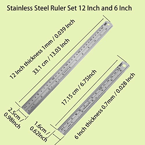YouOKLight Metal Ruler Set,6 inch Ruler and 12 inch Ruler. Ruler Inches and Centimeters,Metric Ruler 12 Inches,Metal Ruler 12 inch,Drawing YouOKLight
