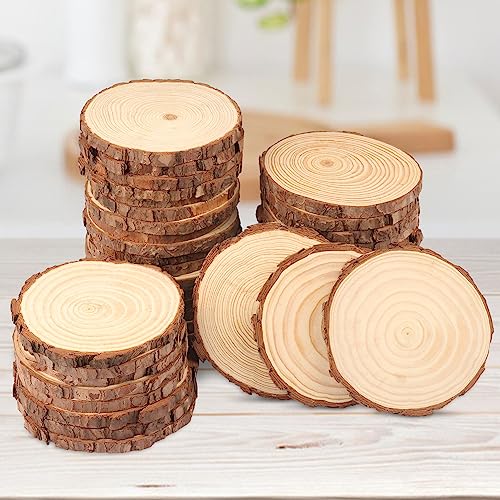 60 PCS 4.7-5.5 Inch Natural Wood Slices, Unfinished Pine Wood Circles with Barks for Coasters, DIY Crafts, Christmas Rustic Wedding Ornaments and GNIEMCKIN