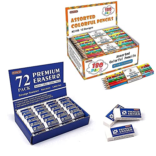 Shuttle Art Pencils and Erasers Bundle, Set of 180 Pack Assorted Colorful Pencils + 72 Pack Premium White Erasers Bulk Shuttle Art