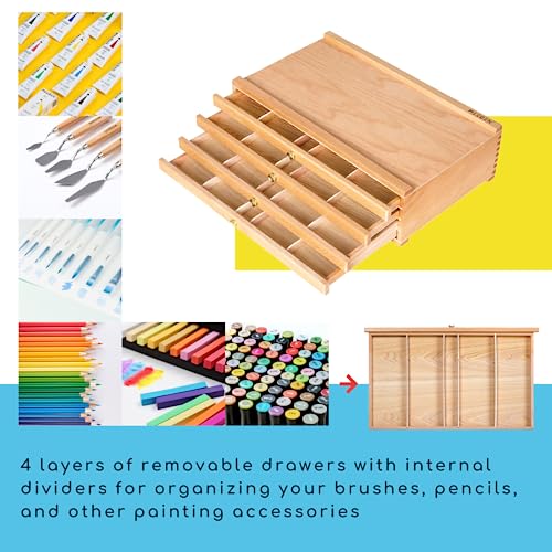 MEEDEN 4-Drawer Artist Supply Storage Box - Portable Foldable Multi-Function Beech Wood Artist Pencil & Brush Storage Box with Drawer & Compartments MEEDEN