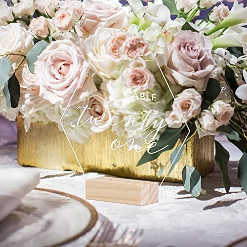 Clear Hexagon Acrylic Table Sign with Wood Stand-10 Pack 5.5 Inch Blank Hexagon Table Numbers with Wood Base, DIY Hexagon Acrylic Sign Blank for JINMURY