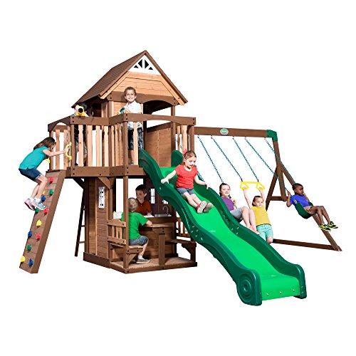 Backyard Discovery Mount Triumph All Cedar Swing Set, Covered Upper Clubhouse, Telescope, Steering Wheel, Lower Playhouse, Sink, Stove, Plastic Food, Backyard Discovery