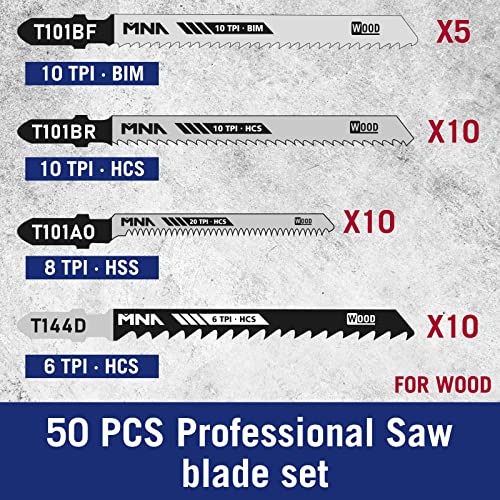 MNA Multi-Purpose Jig-Saw Blades, 50 Pieces, Assorted Jig Saw Kit Value Pack for Wood, Plastic and Metal Cutting with Carry Case MNA
