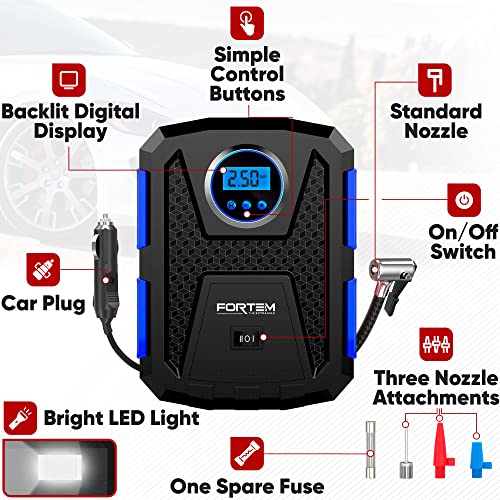 FORTEM Tire Inflator Portable Air Compressor 150 PSI, Bike Pump, 12V Electric Air Pump for Car Tires and Bicycles w/LED Light, Digital Tire Pressure FORTEM