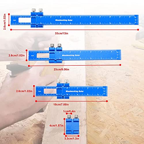 TOURACE Aluminum Woodworking Rulers with Slide Stop (3 Pcs) Precision Pocket Ruler Metal T Track Ruler, Square Ruler Inch and Metric Marking TOURACE