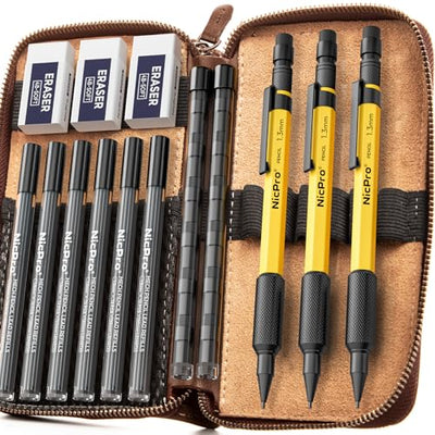 Nicpro 15PCS 1.3 mm Mechanical Pencils Set in Leather Case with 72 Lead Refill,3 Eraser,12 Eraser Refills- Weatherproof Metal Barrel,Heavy Duty