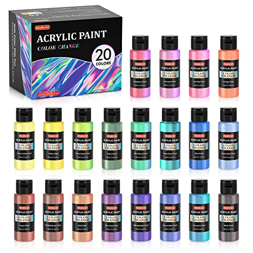 Shuttle Art Color Change Acrylic Paint, 20 Chameleon Colors Acrylic Paint, 60ml/2oz Bottles, Iridescent Paint for Artists, Beginners, Kids Painting & Shuttle Art
