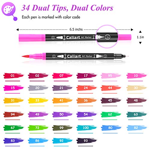 Caliart 34 Double Tip Brush Pens Art Markers, Artist Fine & Brush Pen Coloring Markers for Kids Adult Book Halloween Journaling Note Taking Lettering Caliart