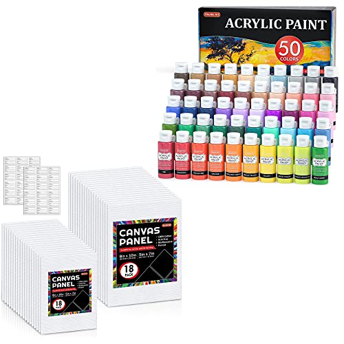 Shuttle Art Canvas Panels and Acrylic Paint Bundle, Art Painting Supplies Set for 50 Colors Acrylic Paint Bottles (60ml/2oz) & 36 Pack Painting Shuttle Art