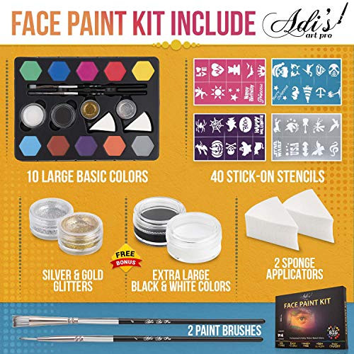 Face Paint Kit for Kids - 58 pcs. Set with Water Based - Quick Dry - Non-Toxic Sensitive Skin Paints - Glitters - Sponge Applicators - Professional ADIS&GUYS ART SUPPLY