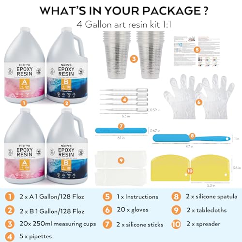 Nicpro 4 Gallon Crystal Clear Epoxy Resin Kit, High Gloss & Bubbles Free Resin Supplies for Coating and Casting, Craft DIY, Wood, Table Top, Bar Top, Nicpro